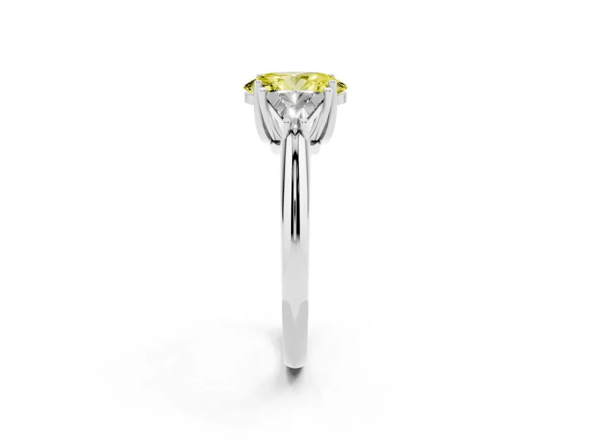 Fancy Yellow Three-Stone Oval Cut Diamond Engagement Ring with Trillion Side Stones and Prong Setting Silver