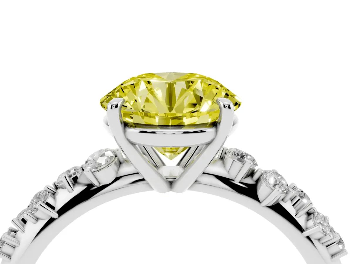 Fancy Yellow Round Cut Diamond Cluster Side Stone Solitaire Ring with Prong Setting Silver
