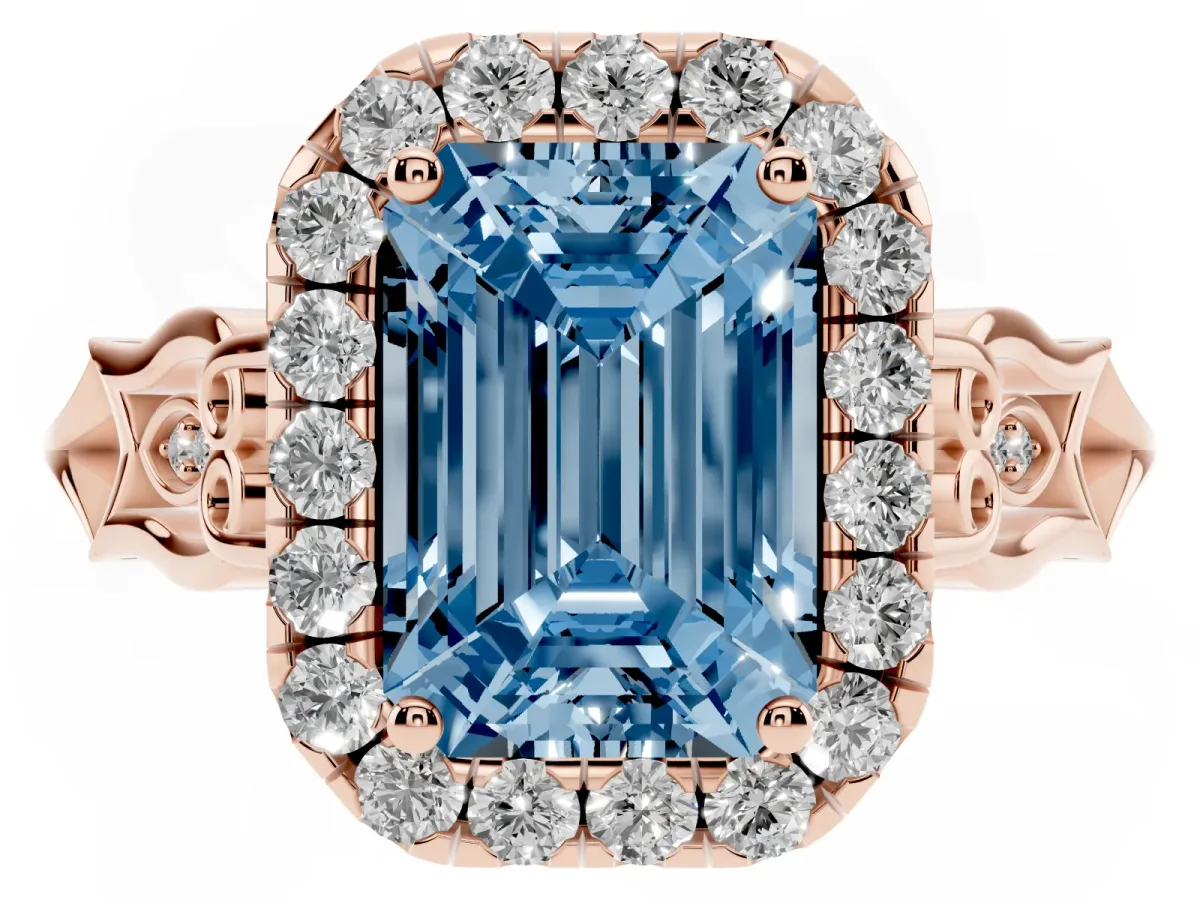 Fancy Blue Emerald Cut Halo Diamond Engagement Ring with Filigree Band and Four-Prong Setting Rose gold