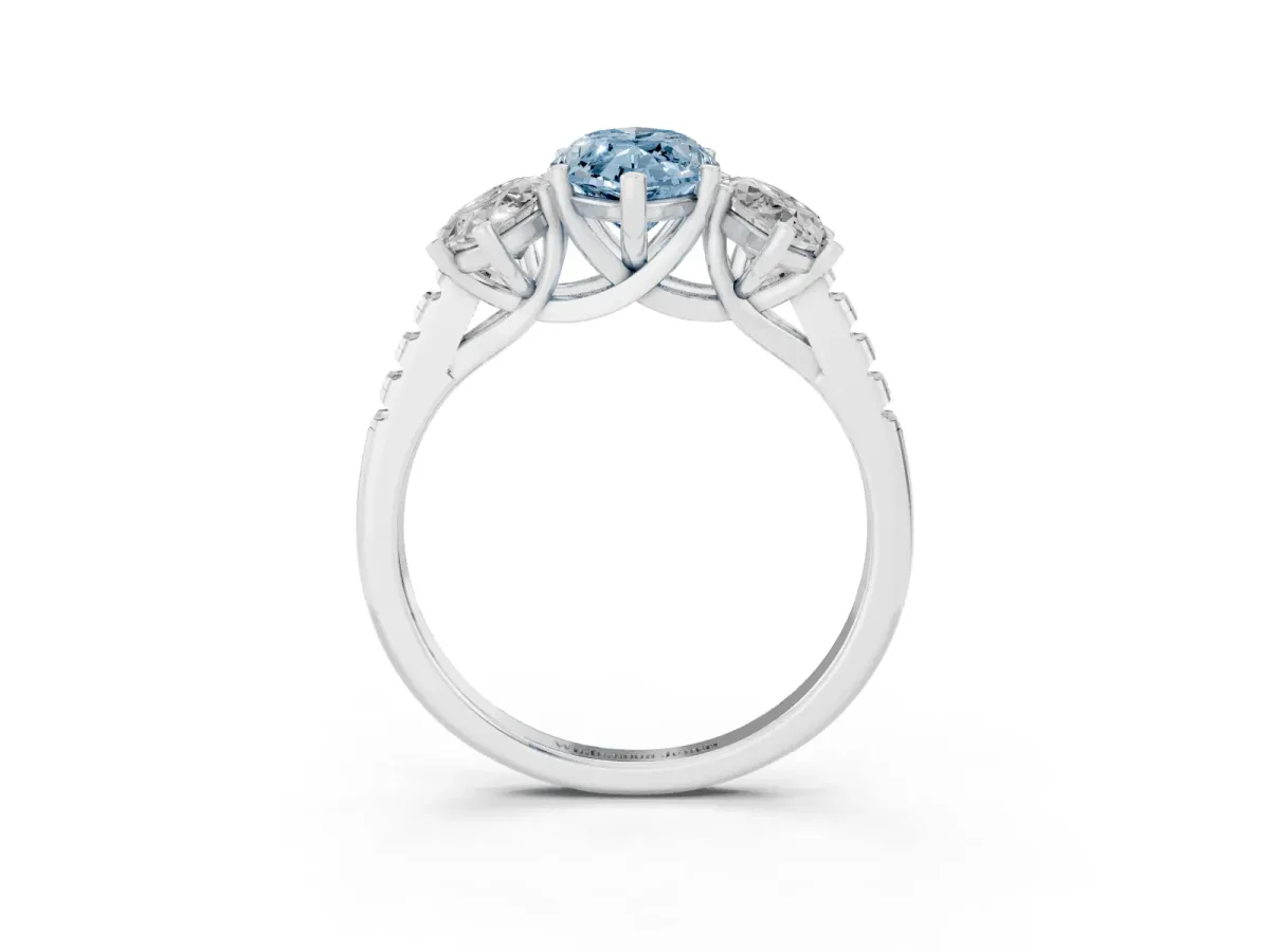 Fancy Blue Three-Stone Marquise Cut Diamond Ring with Round Pavé Band and Prong Setting Silver