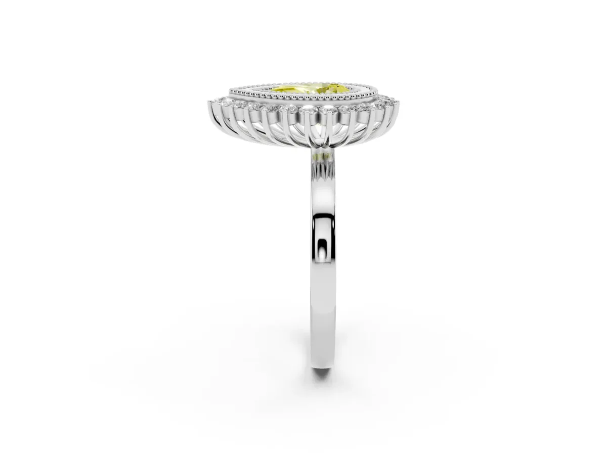 Fancy Yellow Pear Cut Halo Diamond Ring with Milgrain Edge and Round Prong Setting Silver