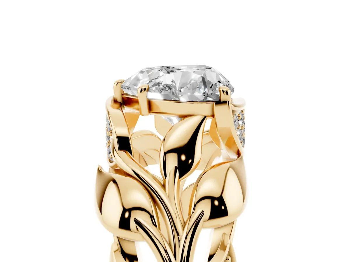 Heart Cut Diamond Leaf-Inspired Engagement Ring with Round Accents and Prong Setting Yellow gold