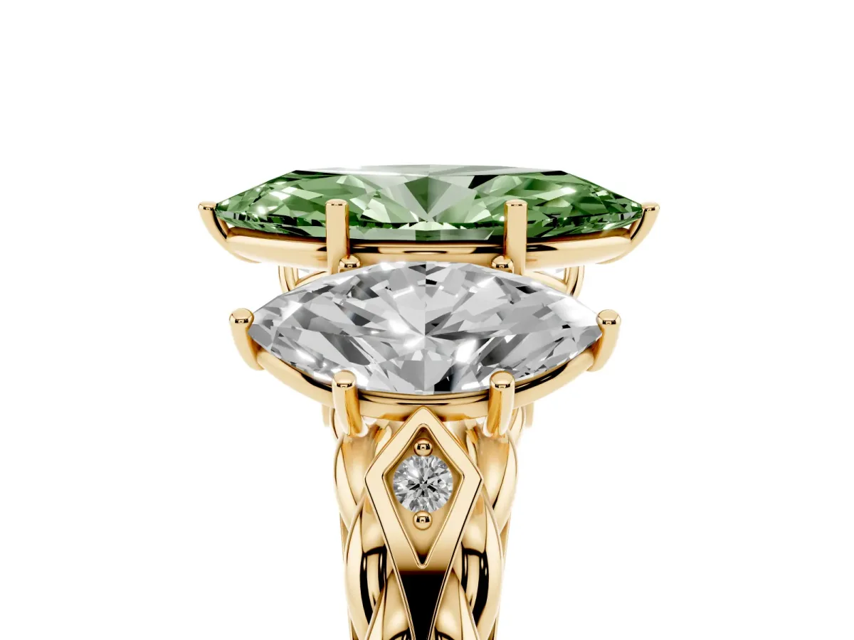 Fancy Green Three-Stone Marquise Cut Diamond Braided Band Ring with Four-Prong Setting Yellow gold