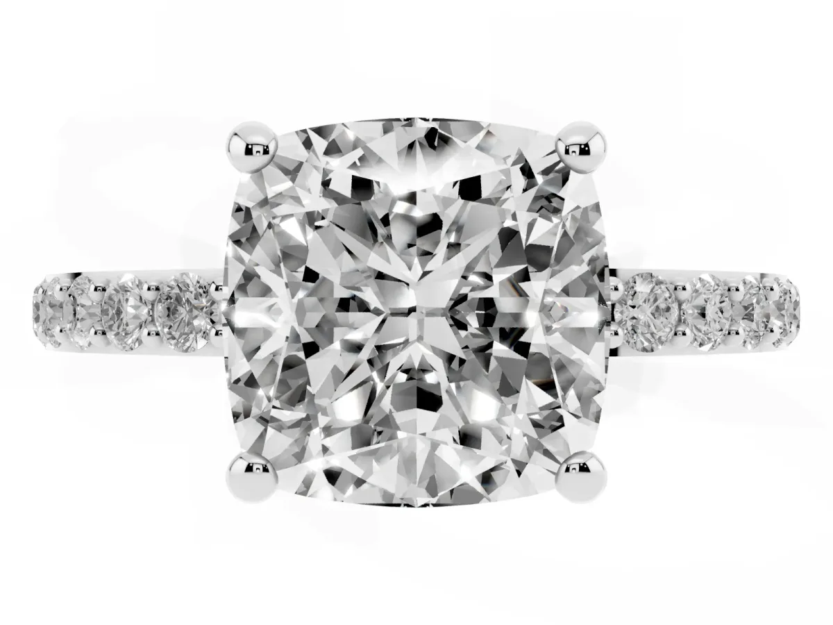 Cushion Cut Diamond Solitaire Ring with Round Pavé Band and Prong Setting Silver