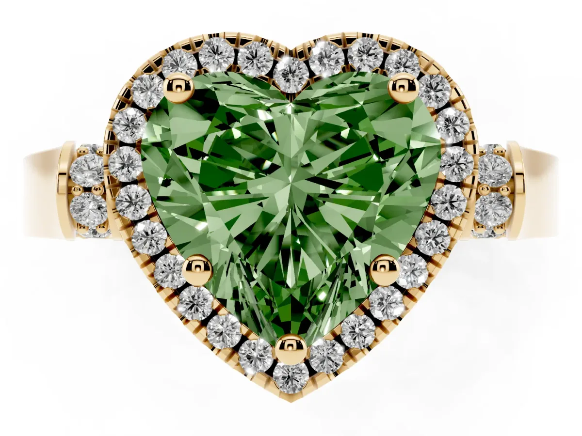 Fancy Green Heart Cut Halo Round Diamond Twist Band with Four-Prong Setting Yellow gold
