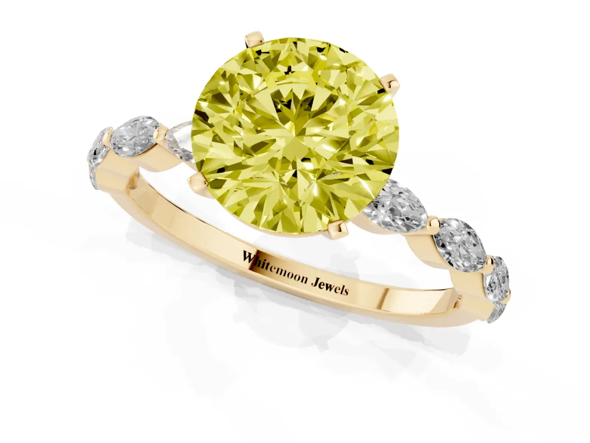 Fancy Yellow Round Cut Diamond Ring with Marquise Side Stones and Prong Setting Yellow gold