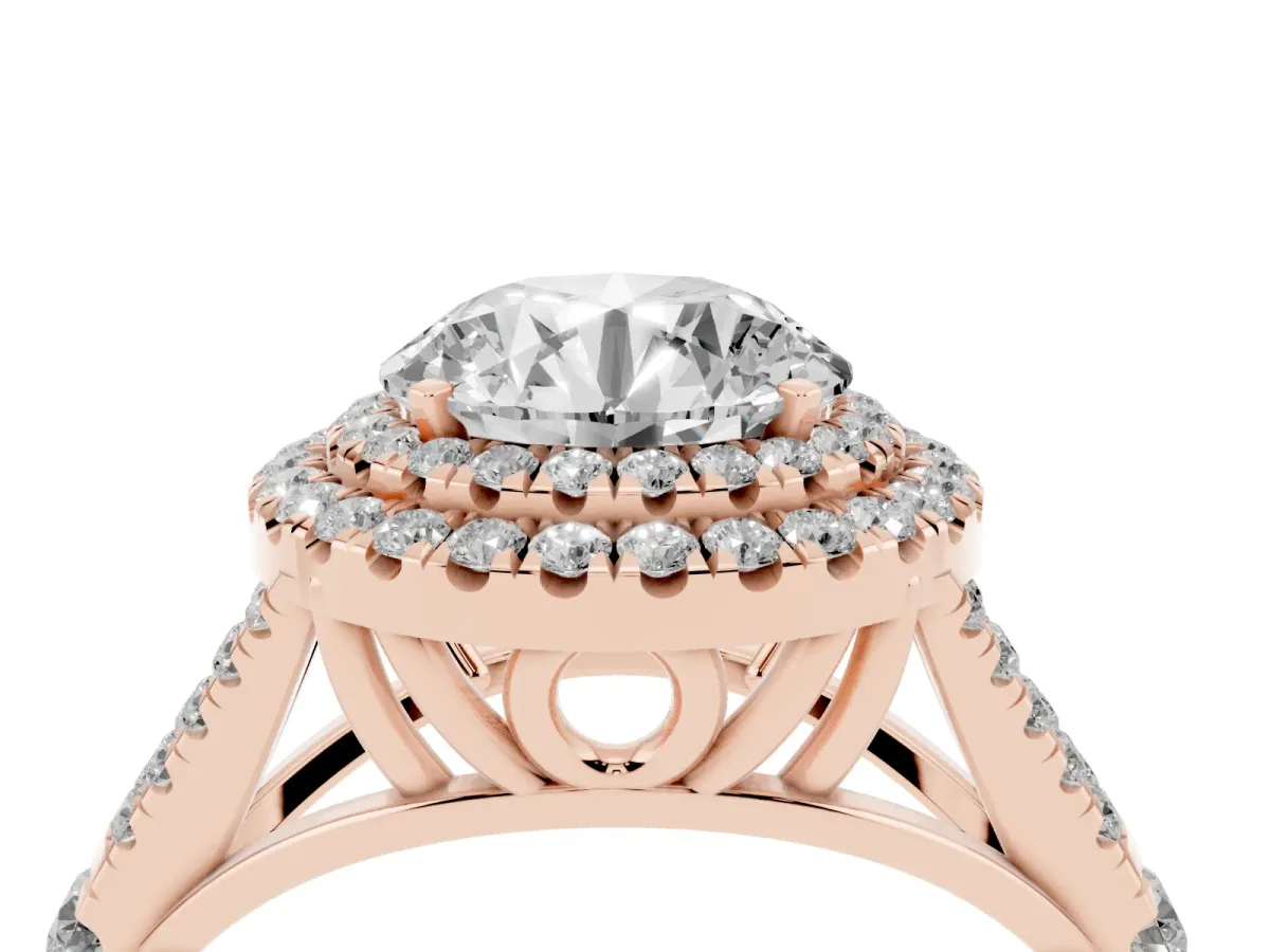 Round Cut Diamond Double Halo Ring with Split Shank and Prong Setting Rose gold