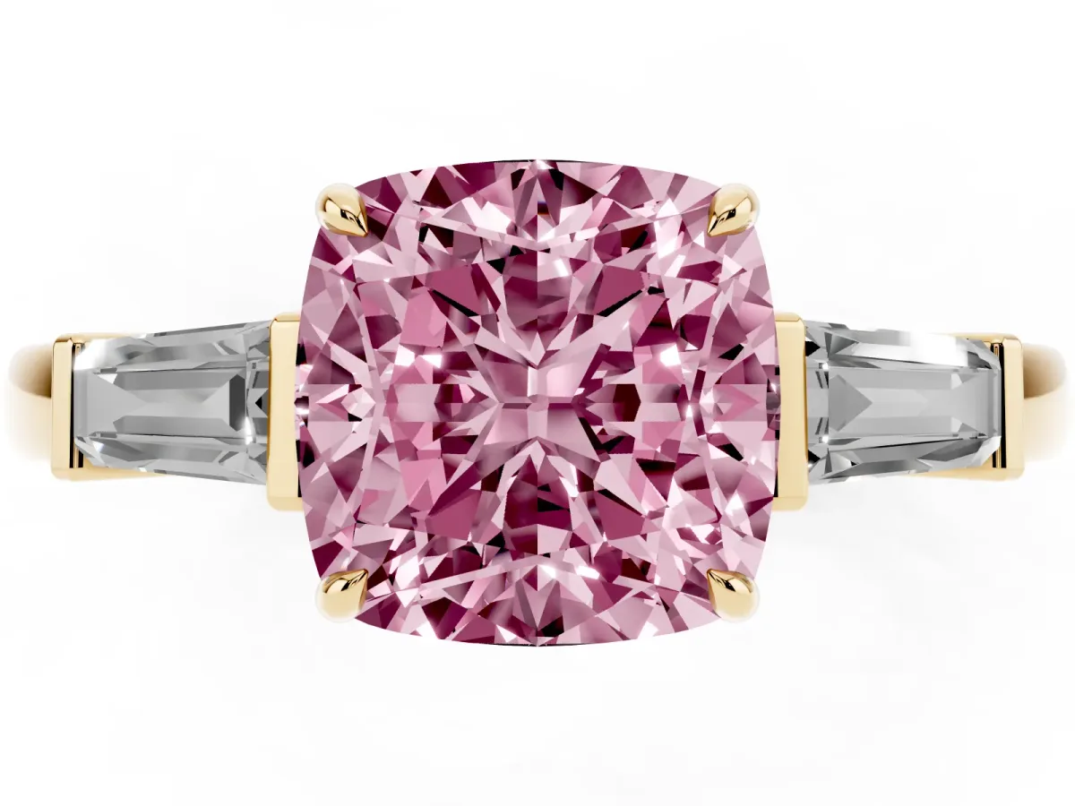 Fancy Pink Cushion Cut Diamond Three-Stone Ring with Tapered Baguette Side Stones and Prong Setting Yellow gold