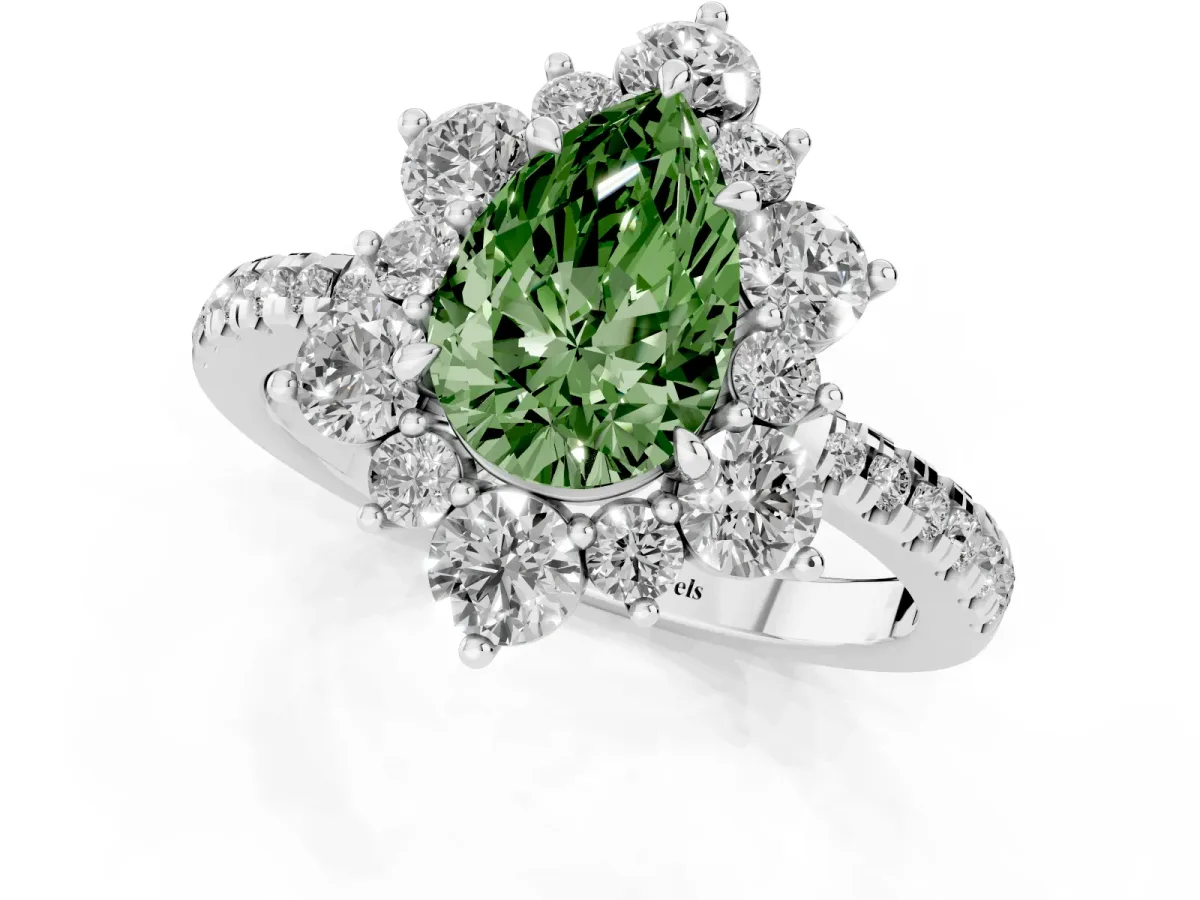 Fancy Green Pear Cut Diamond Floral Halo Ring with Round Pavé Band and Prong Setting White gold