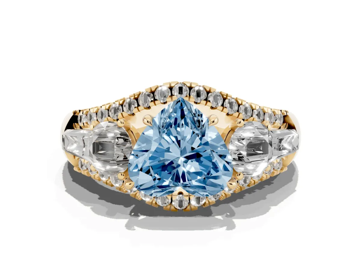 Fancy Blue Three-Stone Heart Cut Diamond Engagement Ring with Pave Band and Prong Setting Yellow gold