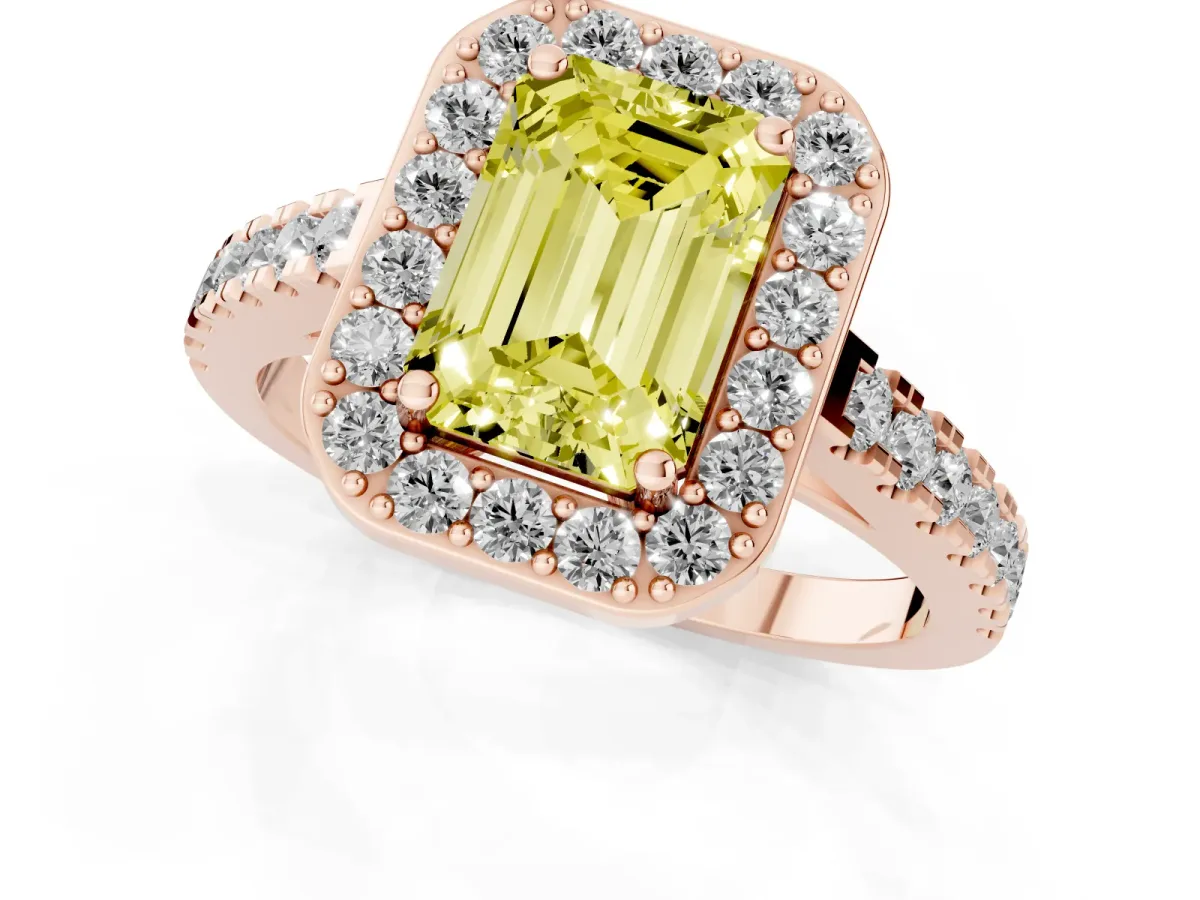 Fancy Yellow Emerald Cut Diamond Halo Ring with Round Pavé Split Shank and Prong Setting Rose gold