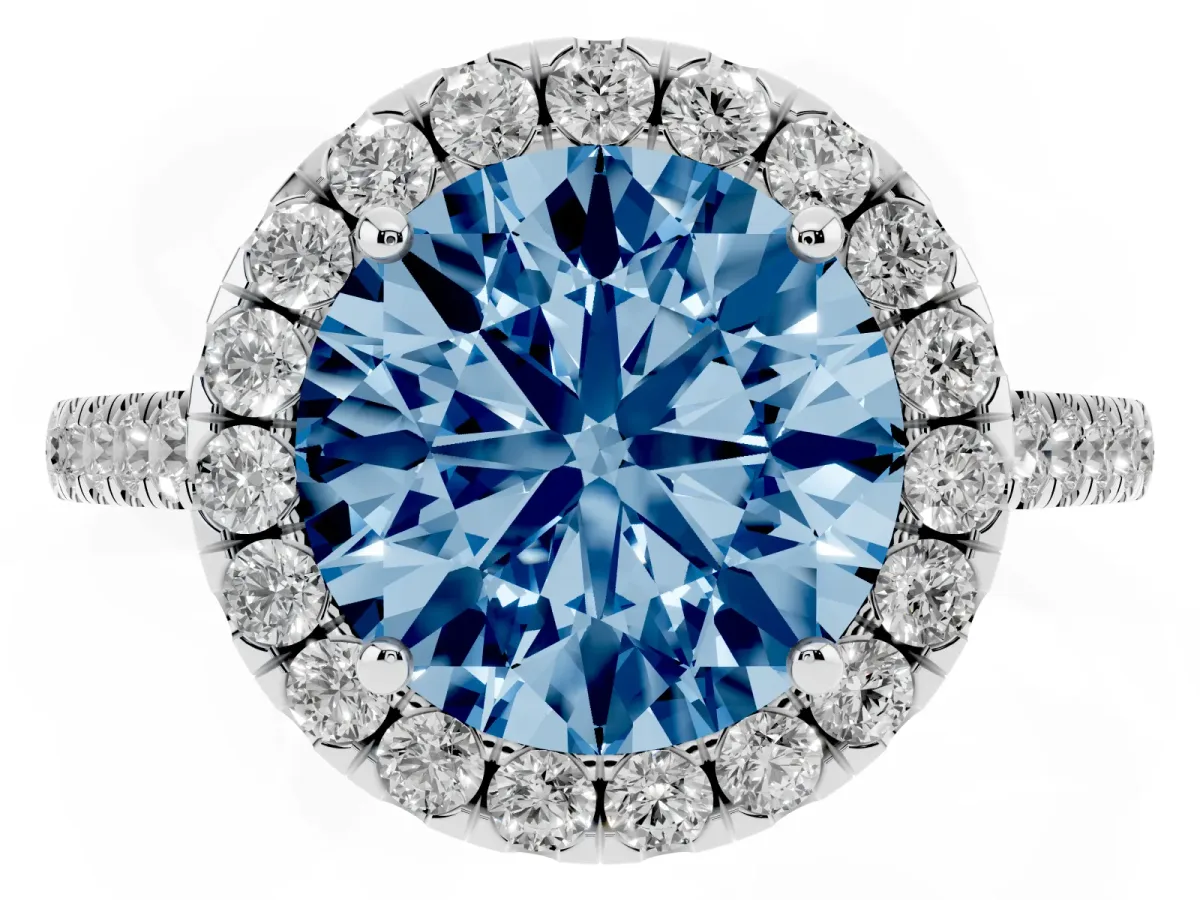 Fancy Blue Round Cut Halo Pave Diamond Engagement Ring with Four-Prong Setting Silver