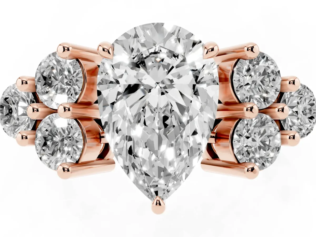 Pear Cut Brilliant Diamond Cluster Accent Solitaire Ring with Prong Setting Rose gold