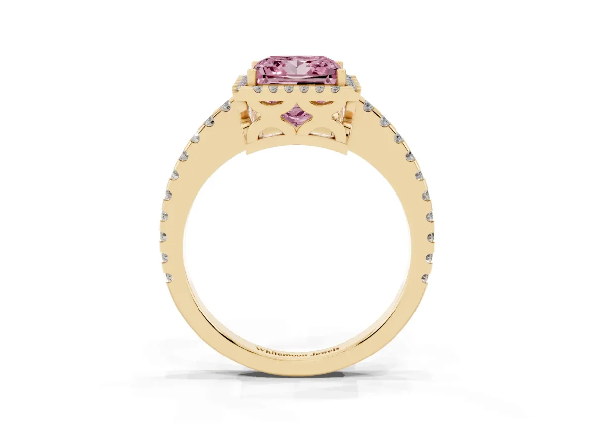 Fancy Pink Princess Cut Diamond Halo Engagement Ring with Pavé Band and Prong Setting Yellow gold