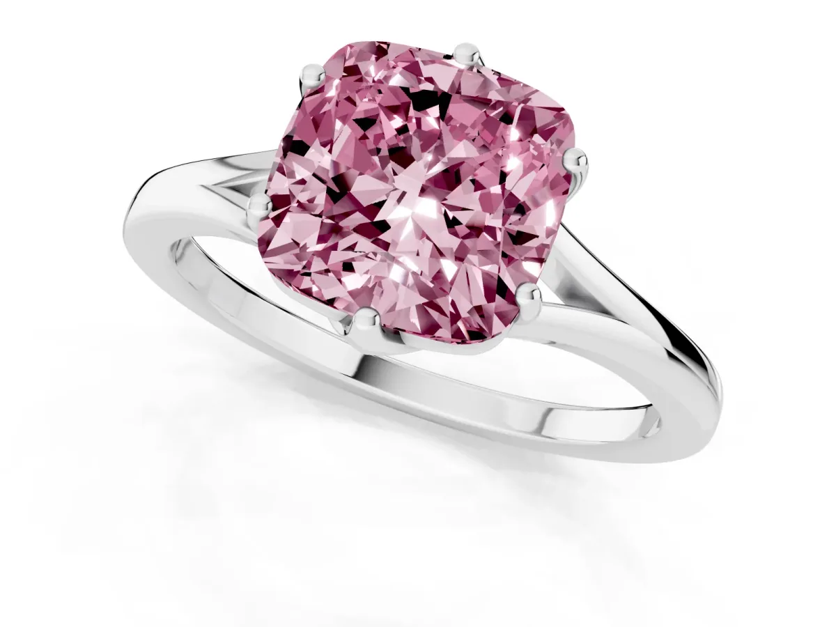 Fancy Pink Cushion Cut Solitaire Diamond Ring with Six-Prong Setting and Tapered Band Platinum
