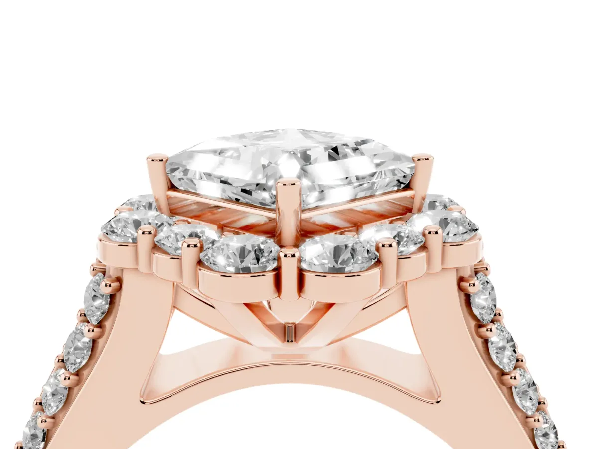 Princess Cut Halo Diamond Engagement Ring with Split Shank and Prong Setting Rose gold