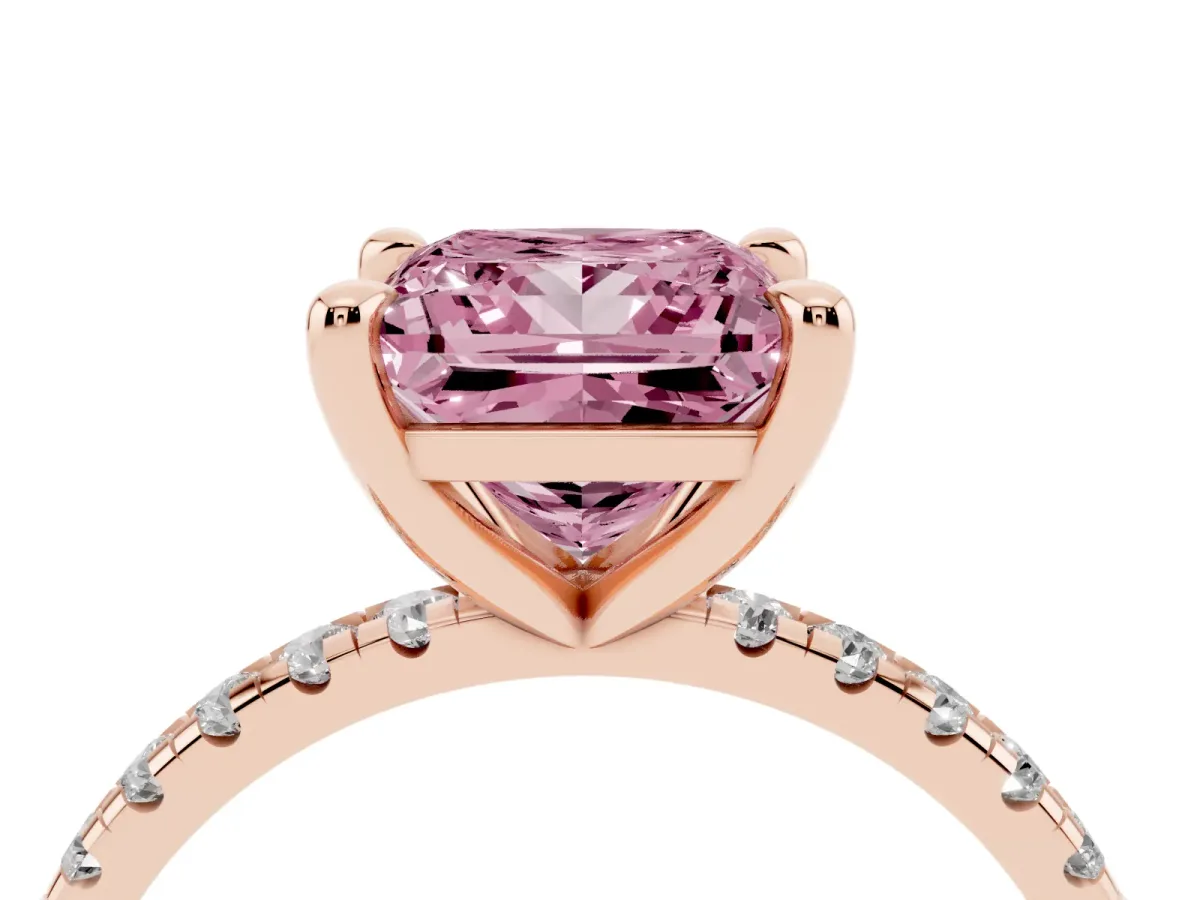Fancy Pink Princess Cut Diamond Brilliant Solitaire Ring with Pavé Band and Four-Prong Setting Rose gold