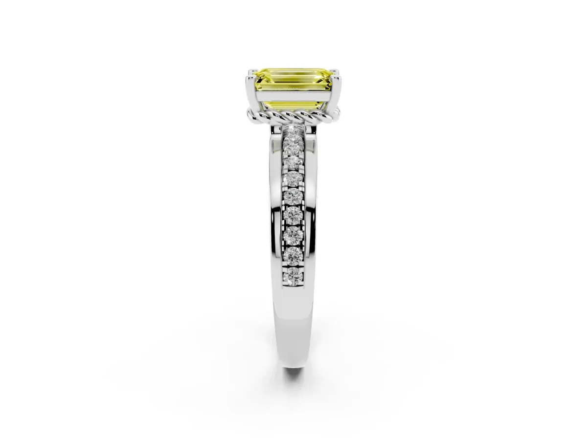 Fancy Yellow Emerald Cut Solitaire Diamond Ring with Channel Set Band and Six-Prong Setting Silver