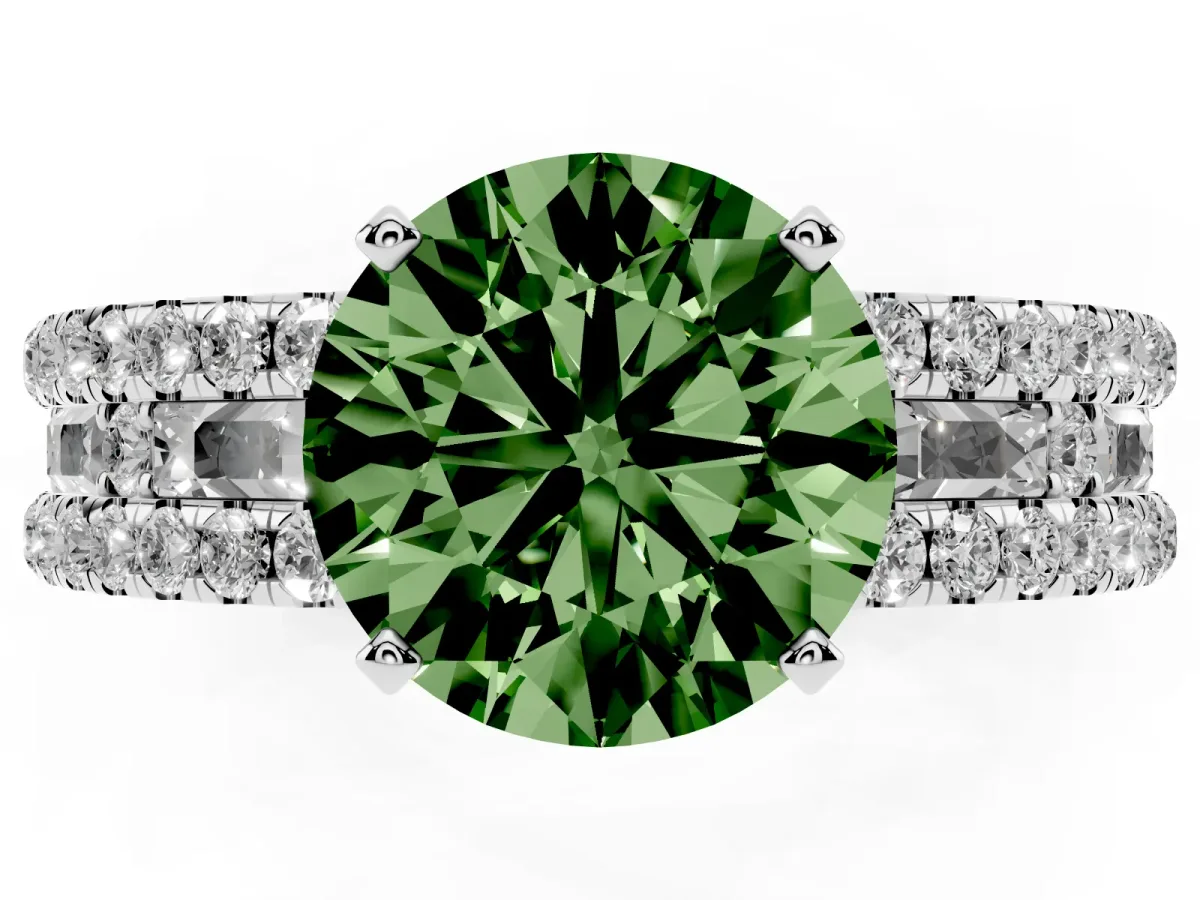 Fancy Green Round Cut Diamond Solitaire Ring with Pavé and Channel Set Band Silver