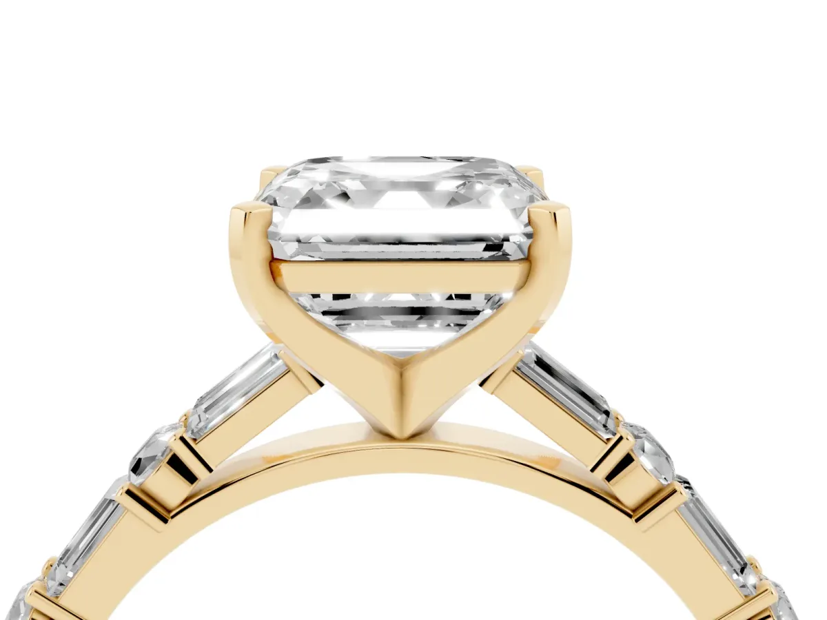 Asscher Cut Diamond Solitaire with Side Baguettes and Channel Set Band Yellow gold