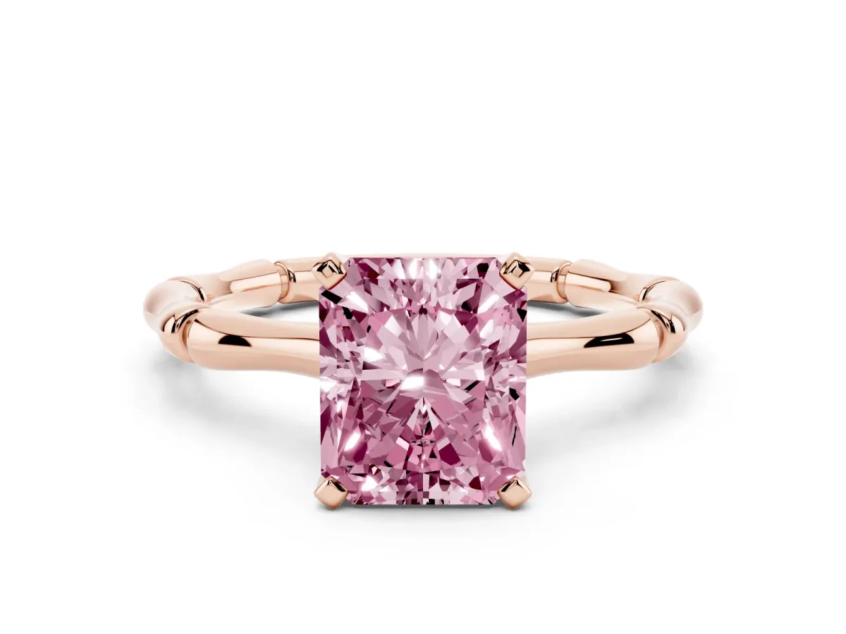 Fancy Pink Radiant Cut Solitaire Diamond Ring with Bamboo Band and Four-Prong Setting Rose gold