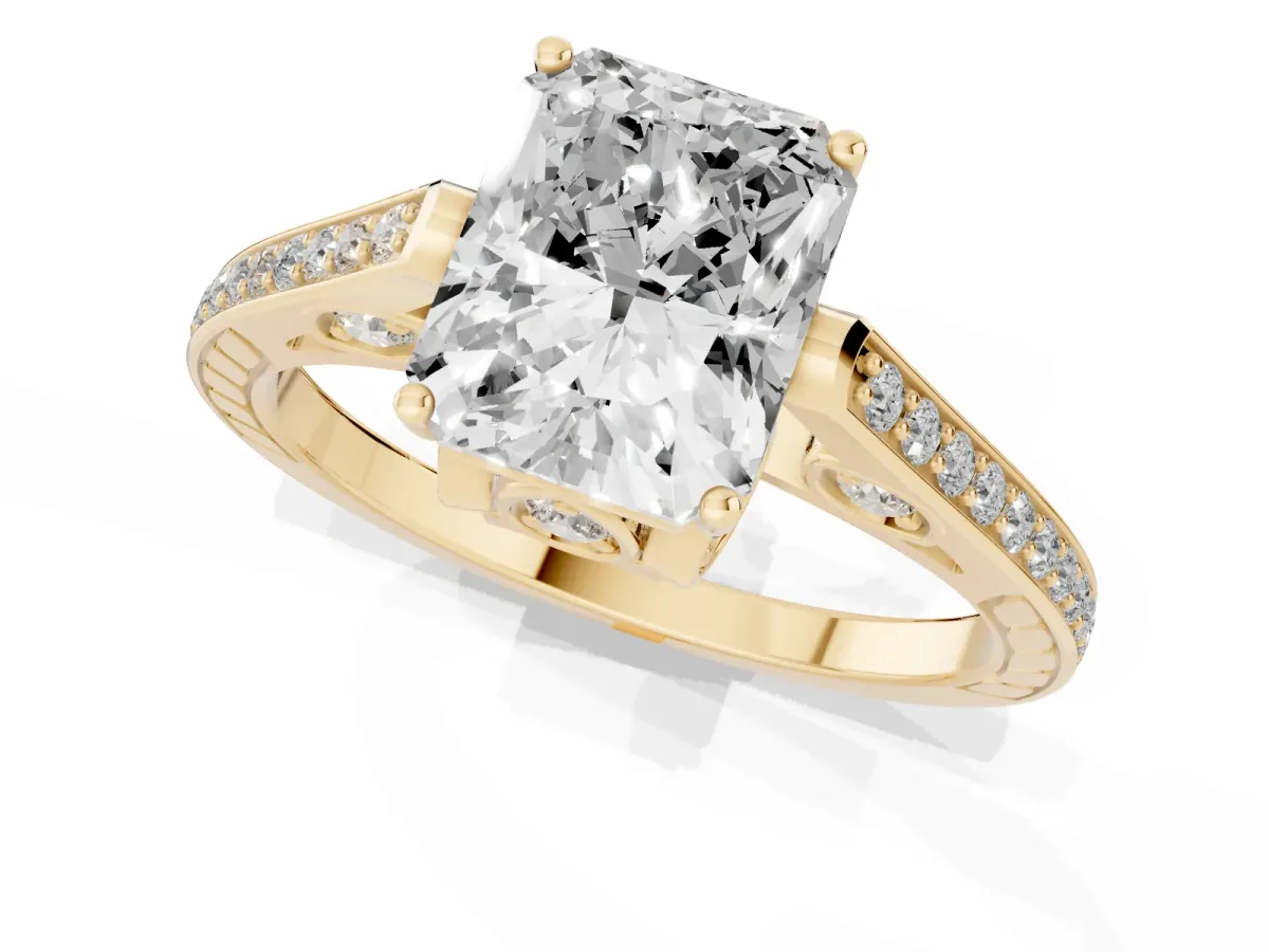 Radiant Cut Cut Cathedral Pave Diamond Engagement Ring with Six-Prong Setting Yellow gold