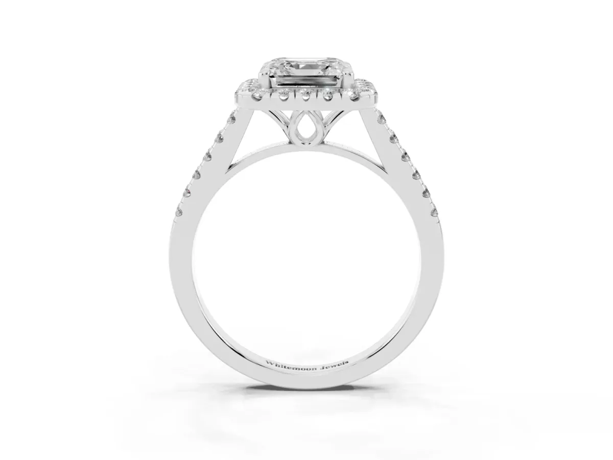 Asscher Cut Halo Pavé Diamond Engagement Ring with Four-Prong Setting Silver