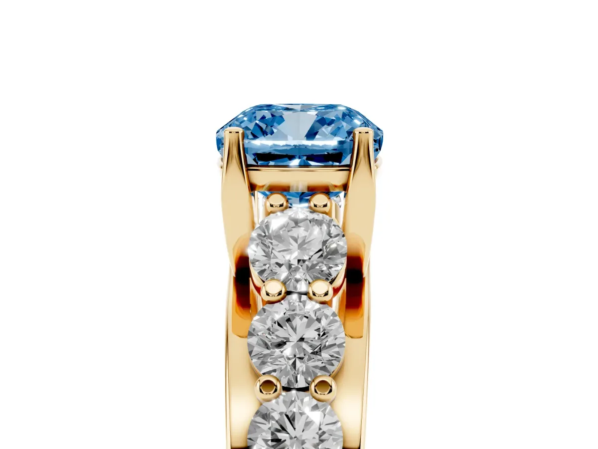 Fancy Blue Cushion Cut Diamond Engagement Ring with Pavé Band and Four-Prong Setting Yellow gold