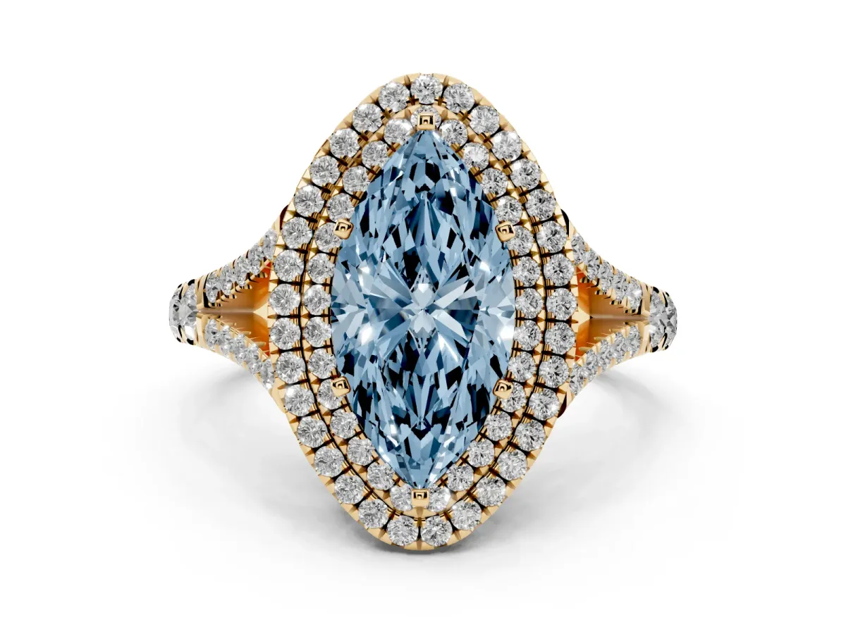 Fancy Blue Double Halo Marquise Cut Diamond Split Shank Engagement Ring with Four-Prong Setting Yellow gold