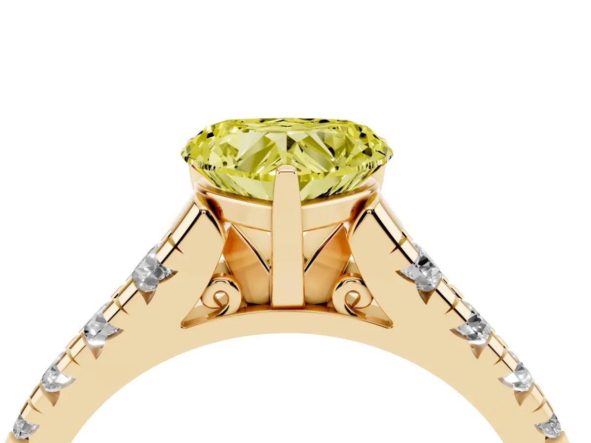 Fancy Yellow Heart Cut Diamond Cathedral Solitaire Ring with Round Pavé Band Yellow gold