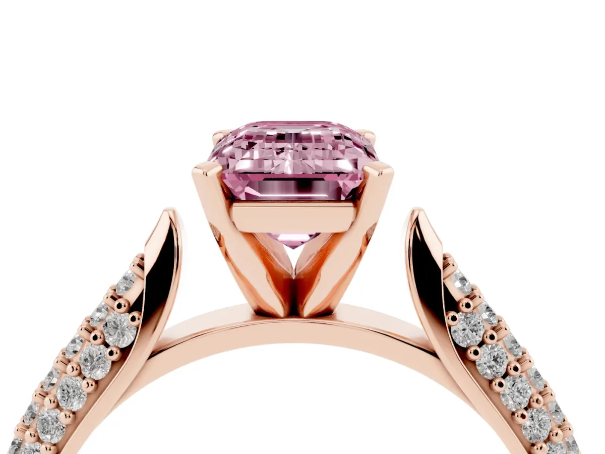 Fancy Pink Emerald Cut Diamond Solitaire Engagement Ring with Multi-Row Round Pavé Band and Prong Setting Rose gold