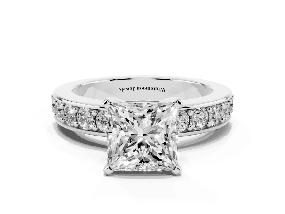 Princess Cut Diamond Engagement Ring with Channel Set Round Band and Prong Setting Platinum