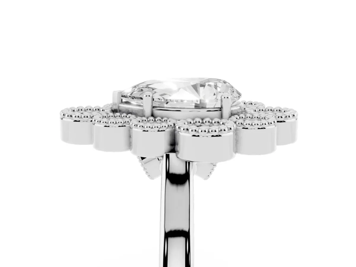 Pear Cut Halo Diamond Cluster Engagement Ring with Milgrain Bezel Setting and Solitaire Band Platinum