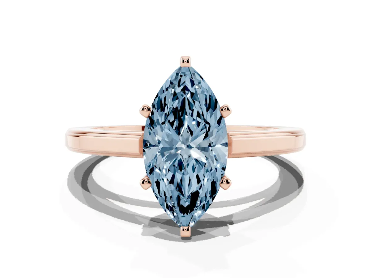 Fancy Blue Marquise Cut Solitaire Diamond Ring with Four-Prong Setting and Classic Band Rose gold