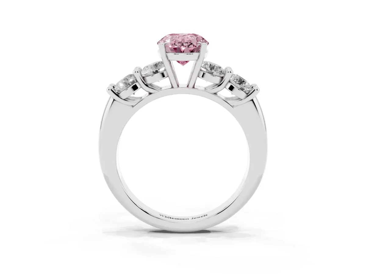 Fancy Pink Oval Cut Cut Five-Stone Prong Set Diamond Ring with Classic Band Silver