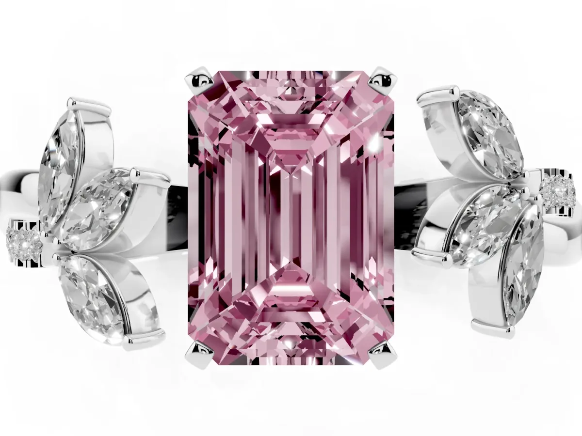 Fancy Pink Emerald Cut Diamond Floral Vine Solitaire Engagement Ring Silver