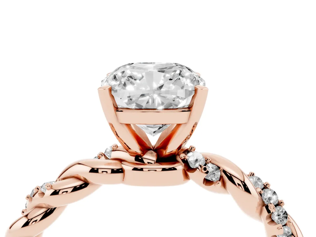 Cushion Cut Diamond Solitaire Ring with Twisted Band and Pavé Accents Rose gold