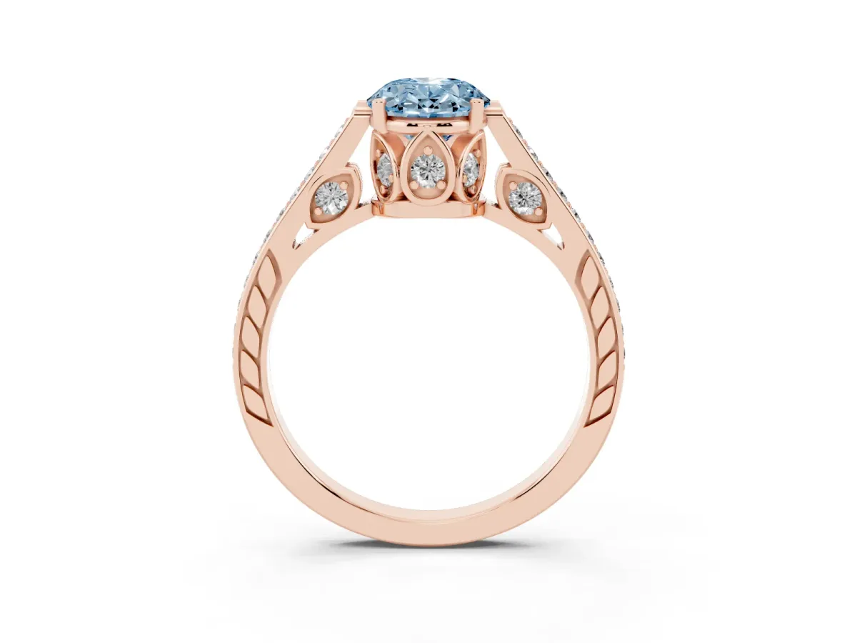 Fancy Blue Oval Cut Cut Cathedral Pave Diamond Engagement Ring with Six-Prong Setting Rose gold
