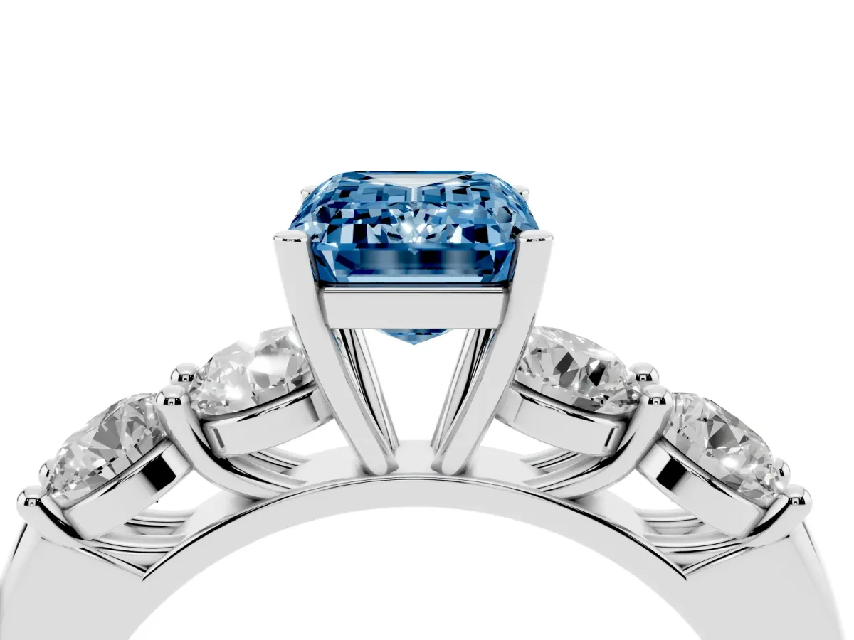 Fancy Blue Emerald Cut Cut Five-Stone Prong Set Diamond Ring with Classic Band Silver