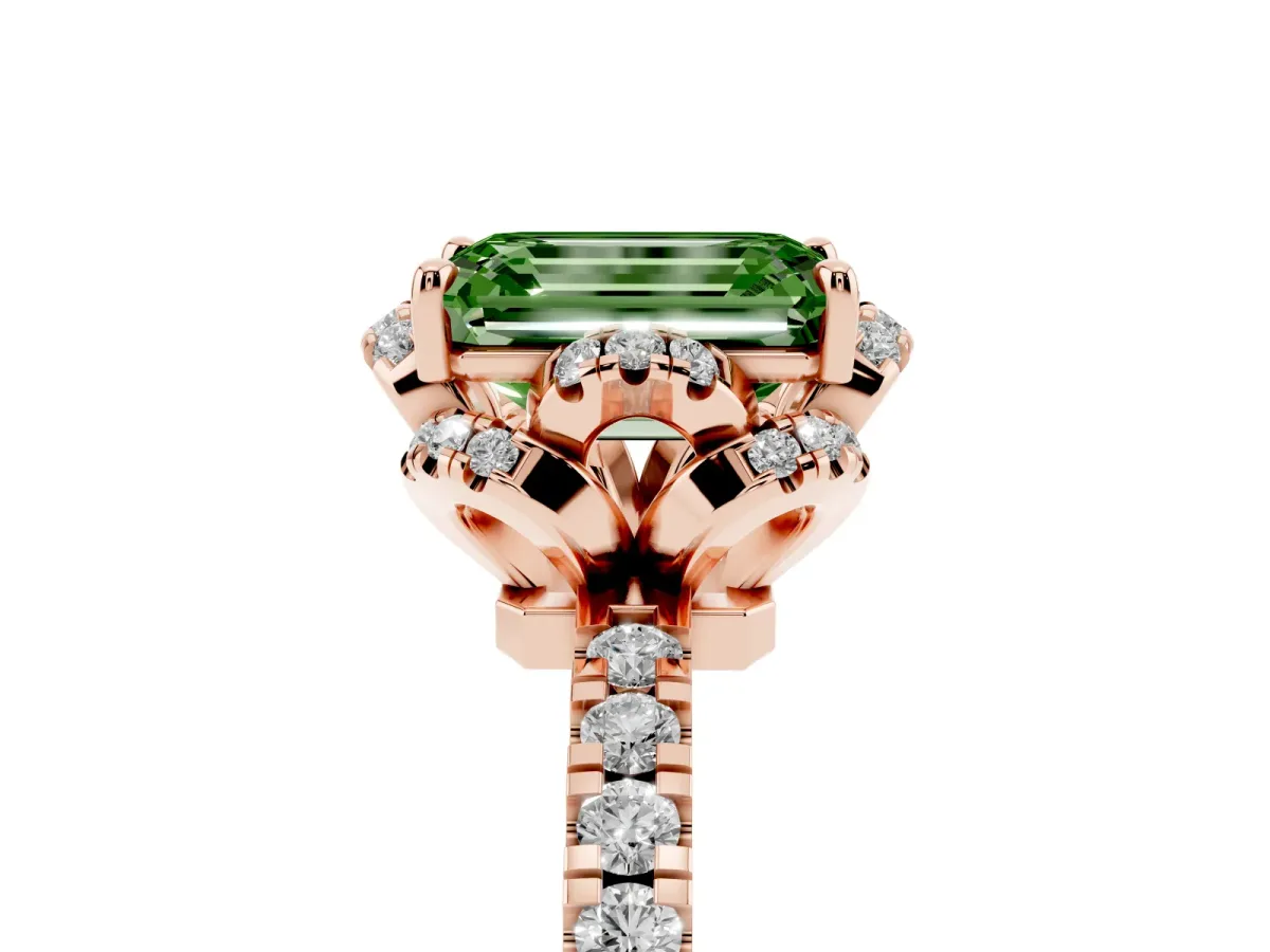 Fancy Green Emerald Cut Diamond Halo Pave Band with Four-Prong Setting Rose gold