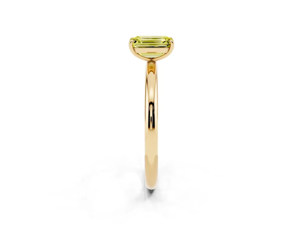 Fancy Yellow Emerald Cut Solitaire Diamond Ring with Four-Prong Setting on a Plain Band Yellow gold
