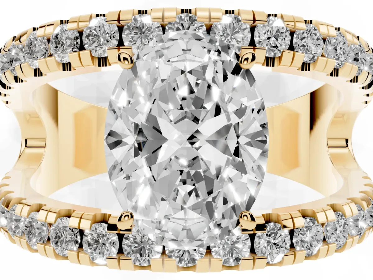 Oval Cut Solitaire Split Shank Pave Diamond Ring Yellow gold
