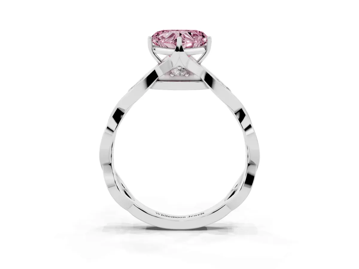Fancy Pink Heart Cut Solitaire Twist Band with Leaf Prong Setting Platinum