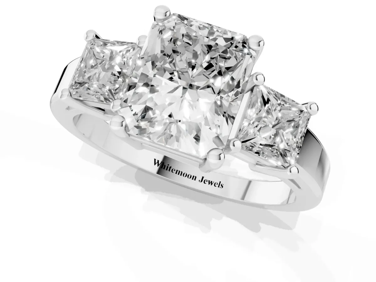 Three-Stone Radiant Cut Cut Solitaire Ring with Prong Setting Silver