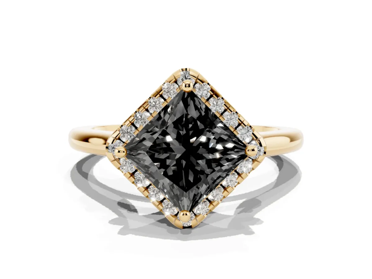 Fancy Black Princess Cut Halo Round Diamond Solitaire Engagement Ring with Pave Band and Four-Prong Setting Yellow gold