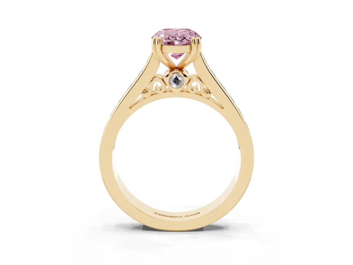 Fancy Pink Oval Cut Cut Channel Set Solitaire Engagement Ring with Prong Setting Yellow gold