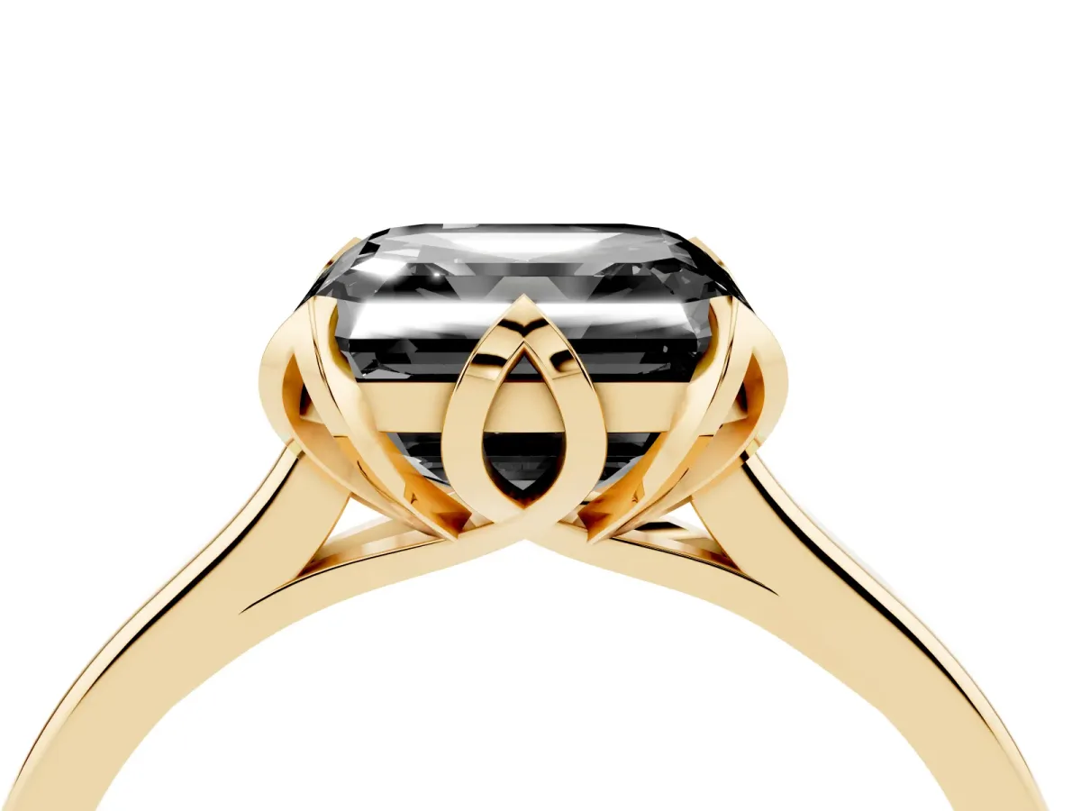 Fancy Black Asscher Cut Diamond Solitaire Ring with Flower Prong Setting and Classic Band Yellow gold