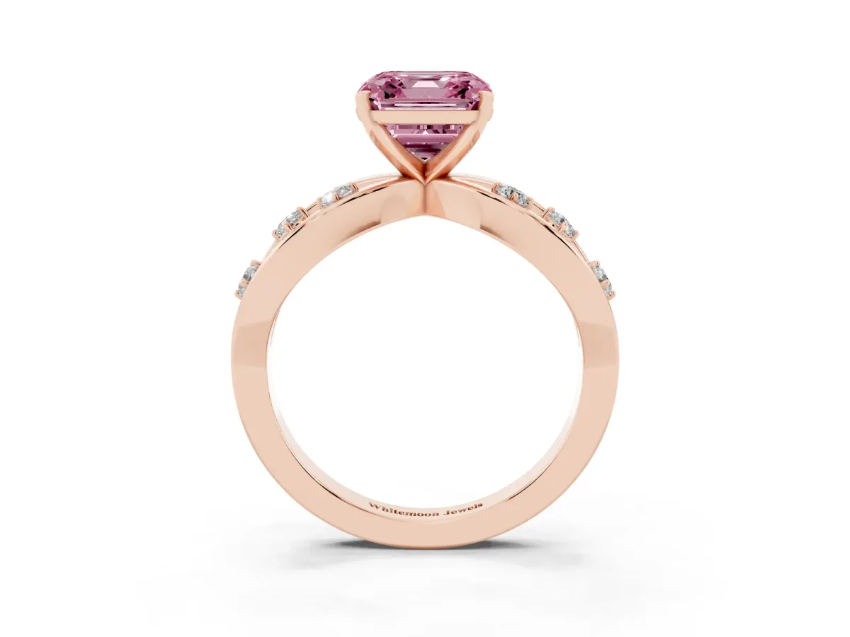 Fancy Pink Asscher Cut Cut Solitaire Diamond with Side Stones on Criss-Cross Band and Four-Prong Setting Rose gold