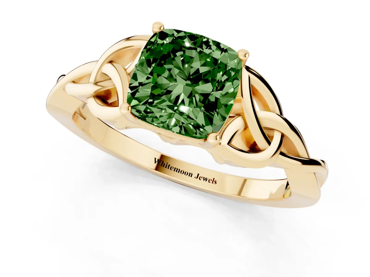 Fancy Green Cushion Cut Diamond Solitaire Engagement Ring with Celtic Knot Band and Four-Prong Setting Yellow gold
