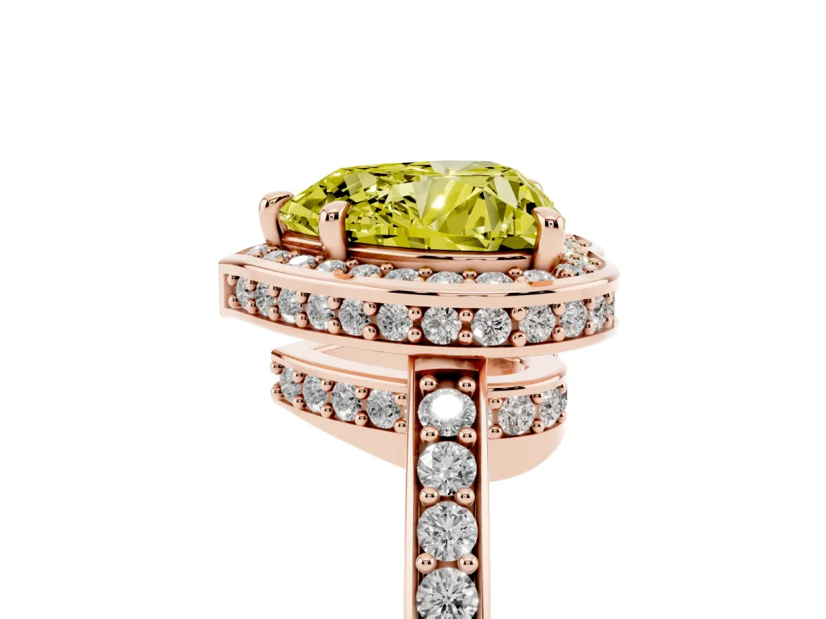 Fancy Yellow Heart Cut Halo Pave Band Solitaire Ring with Prong Setting Rose gold